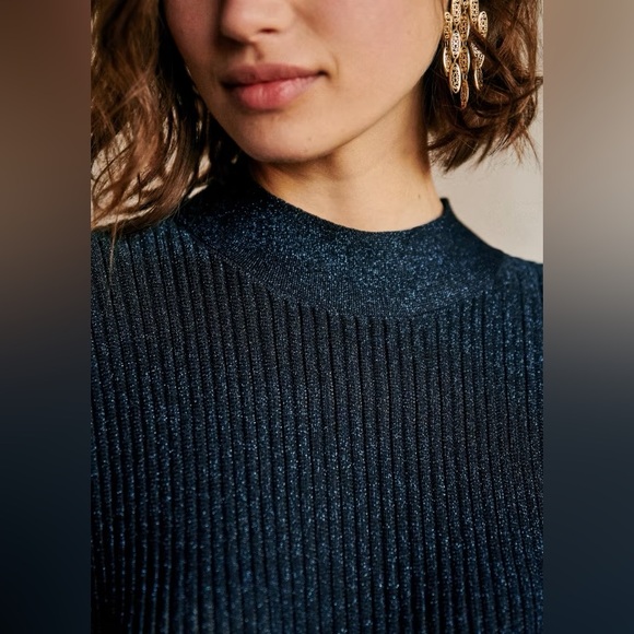 Sezane Eleanor RARE Blue Lurex Knit Bow Tie A-Line Dress Sz M - Picture 4 of 14